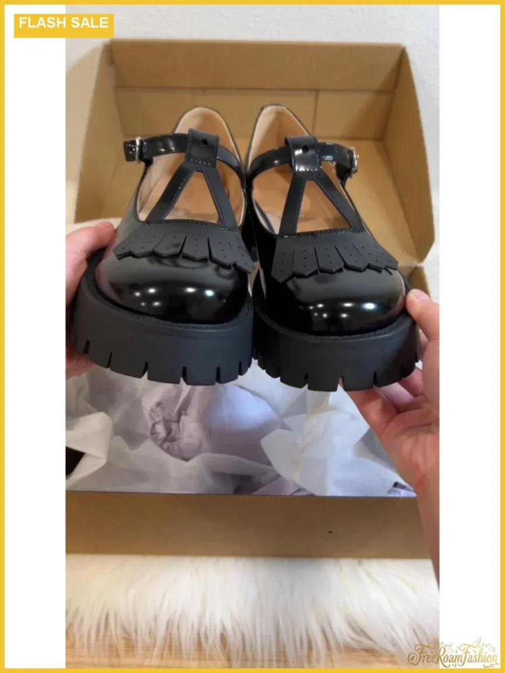 Platform Mary Jane Shoes for Women Patent Lug Sole Block Heel T-Strap
